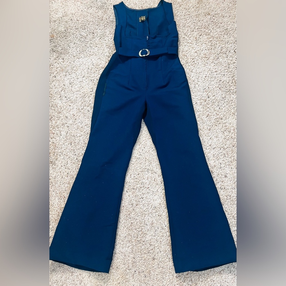 Vintage 70s 80s Robbe Ski Bib Jumpsuit Navy Belted Flare Snow Pants USA M